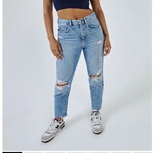Garage Light Blue Distressed Straight Leg Mom Jeans